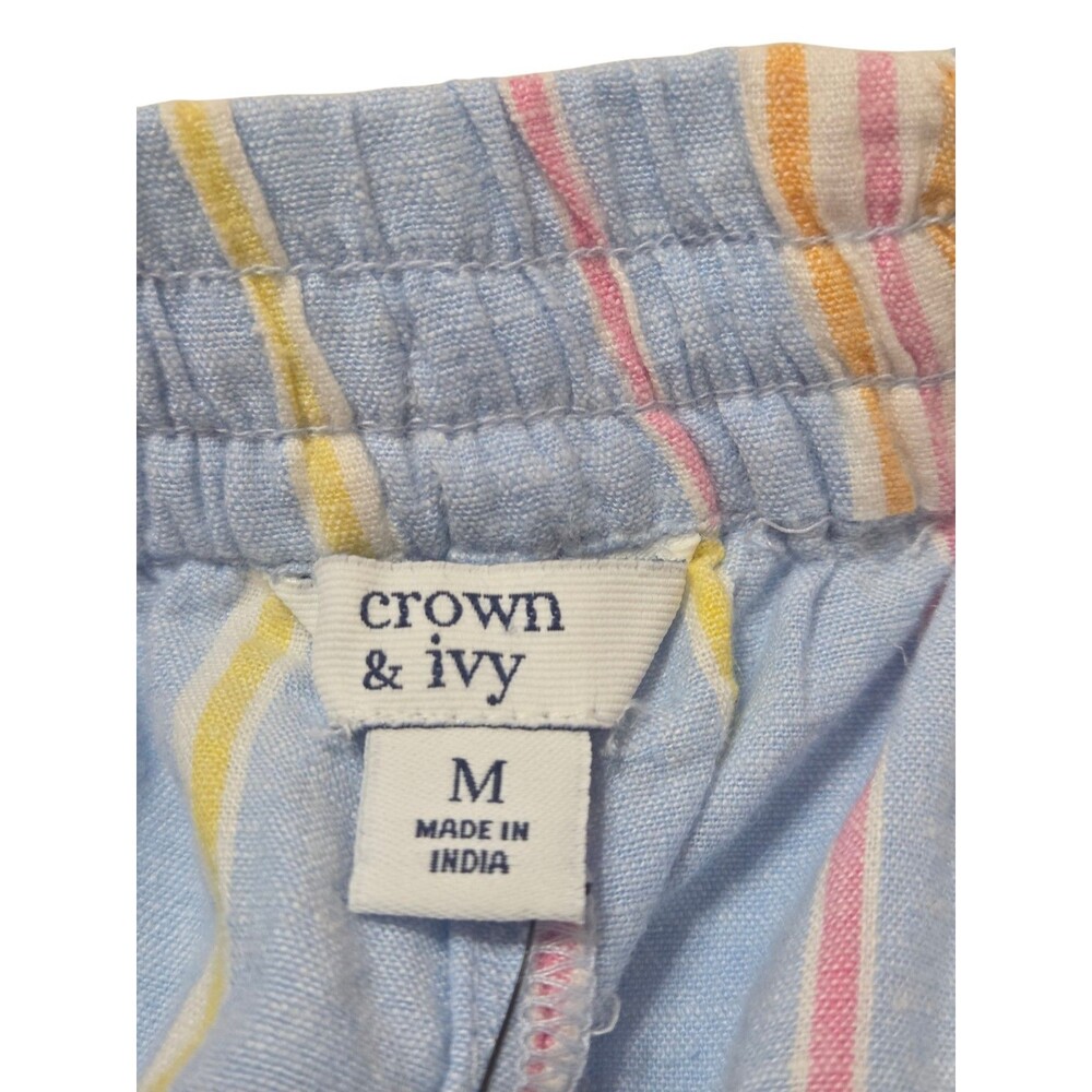 NWT Crown & Ivy Linen Blend Ruffle Leg Shorts Blue Pink Stripe Pockets M B32.1 - Picture 4 of 10